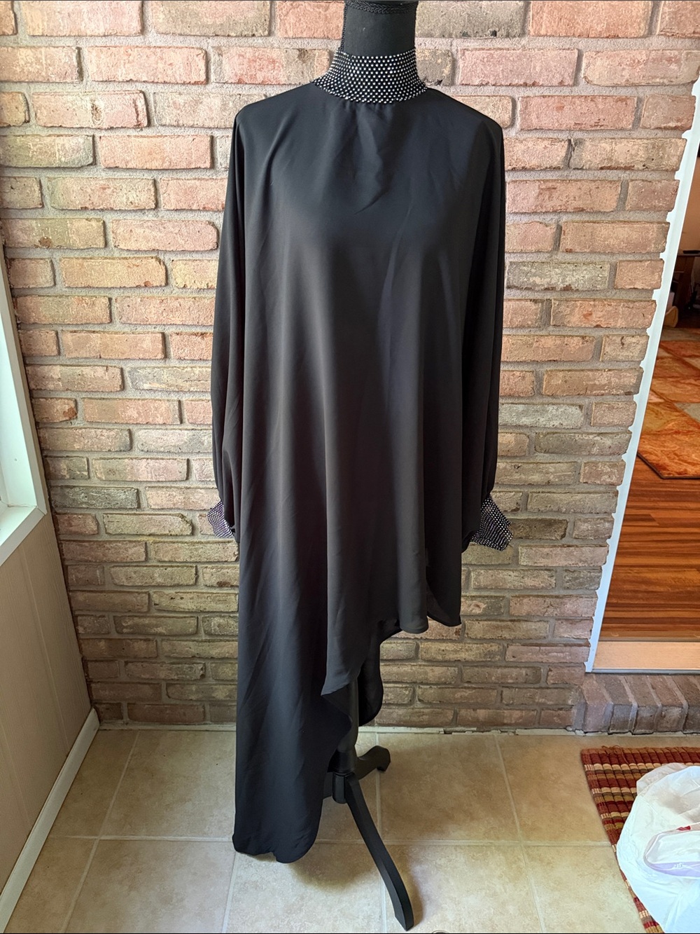 Black Asymmetrical Long-Sleeve Dress with Embellished Collar